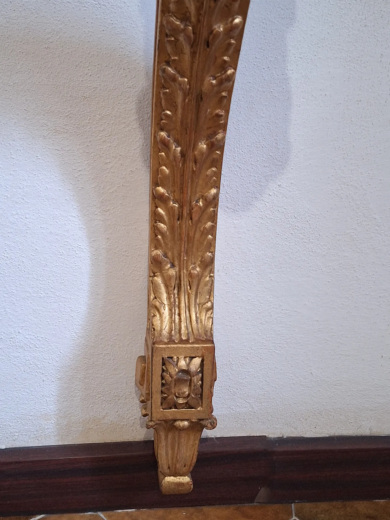Console table carved wood with gilded leaf and faux marble top, 20th c 5