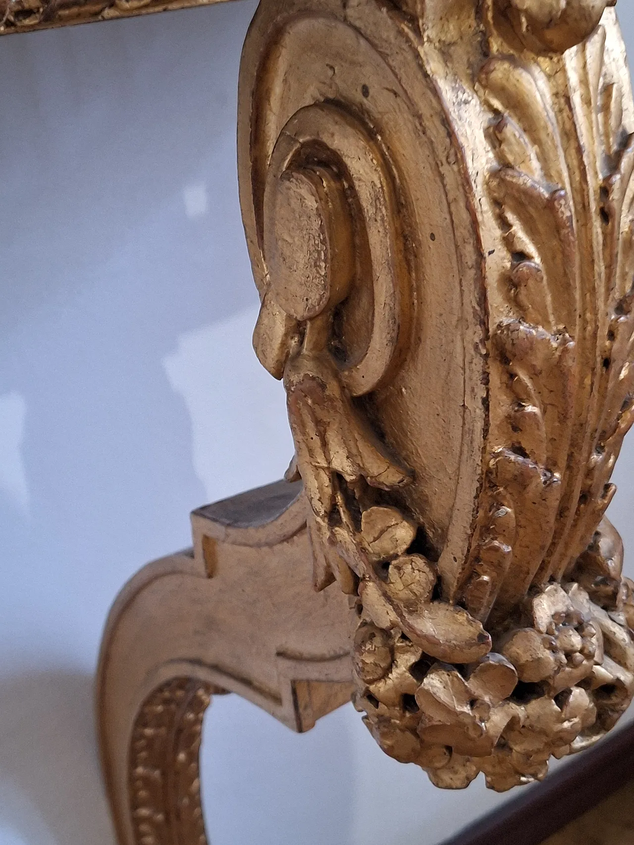Console table carved wood with gilded leaf and faux marble top, 20th c 7