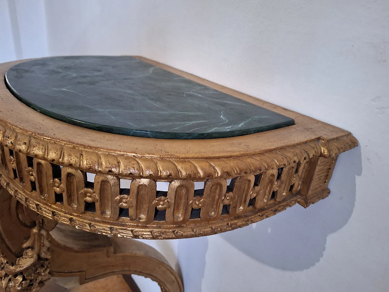 Console table carved wood with gilded leaf and faux marble top, 20th c 8