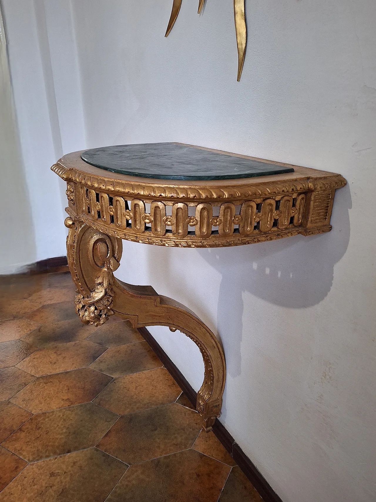 Console table carved wood with gilded leaf and faux marble top, 20th c 9