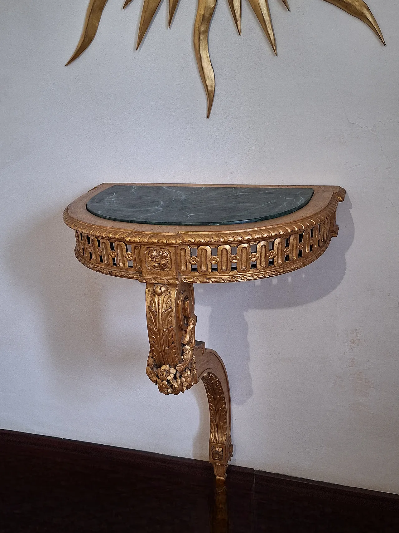 Console table carved wood with gilded leaf and faux marble top, 20th c 14