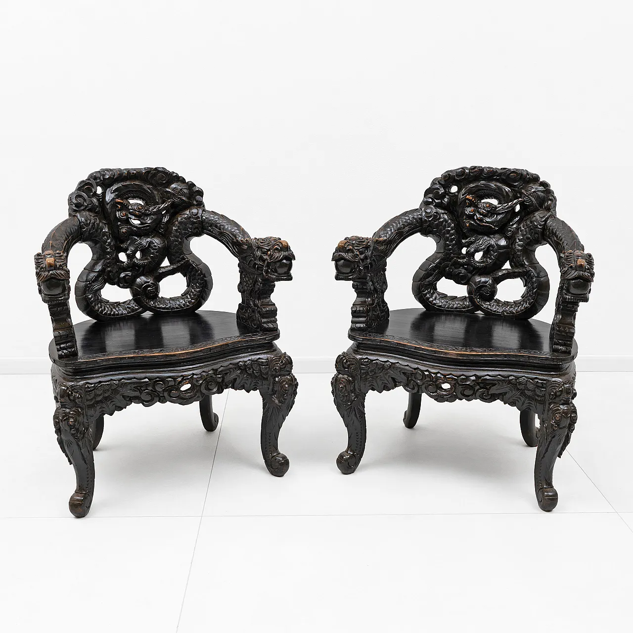 Pair of carved dragon armchairs Chinese Qing dynasty, 19th century 1