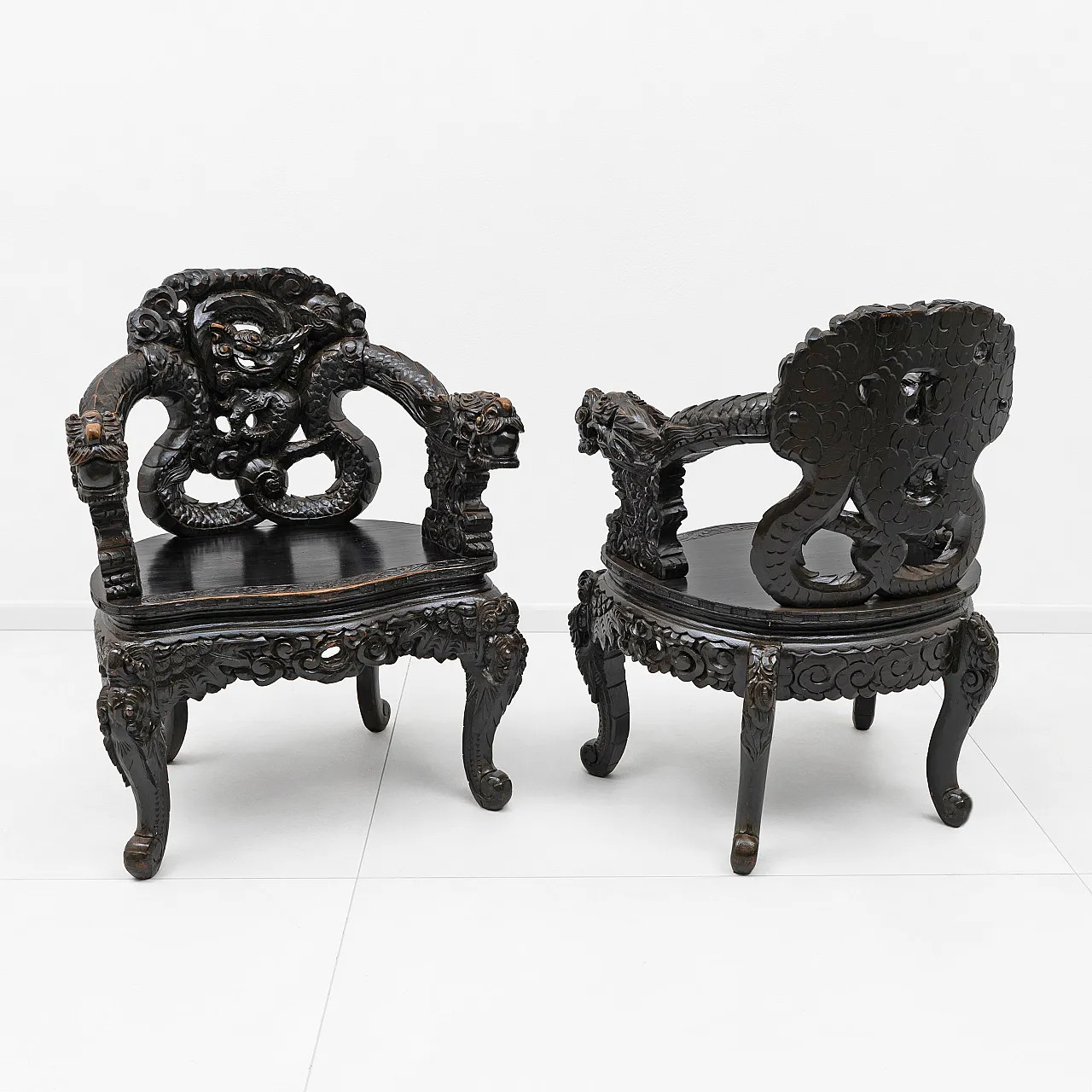 Pair of carved dragon armchairs Chinese Qing dynasty, 19th century 2