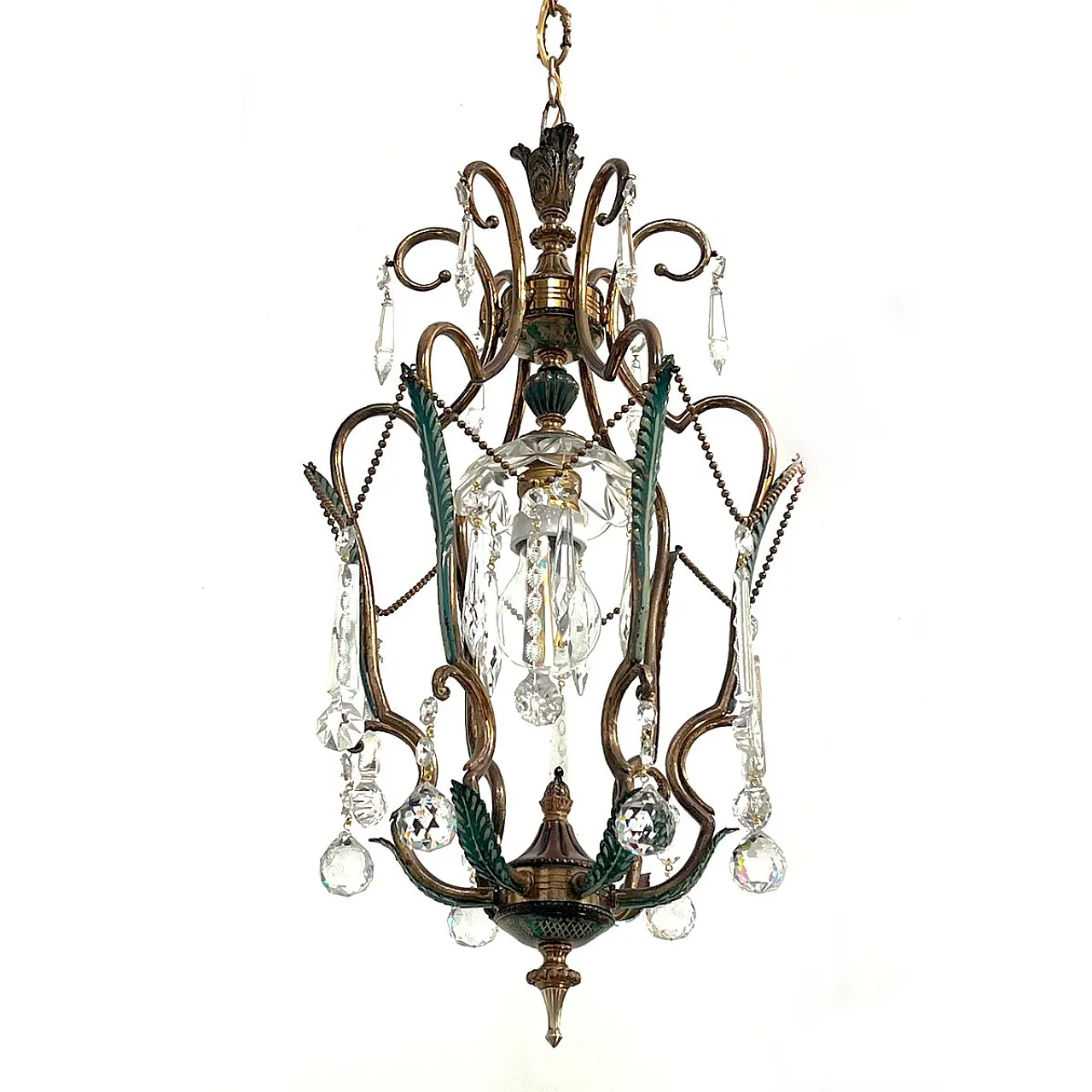 Brass and green pendant lamp with cut crystal drops, Italy, 1950s 1