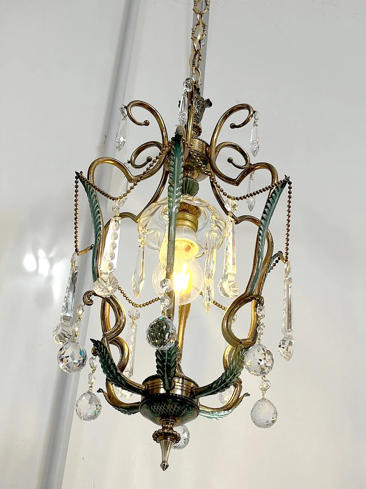 Brass and green pendant lamp with cut crystal drops, Italy, 1950s 2