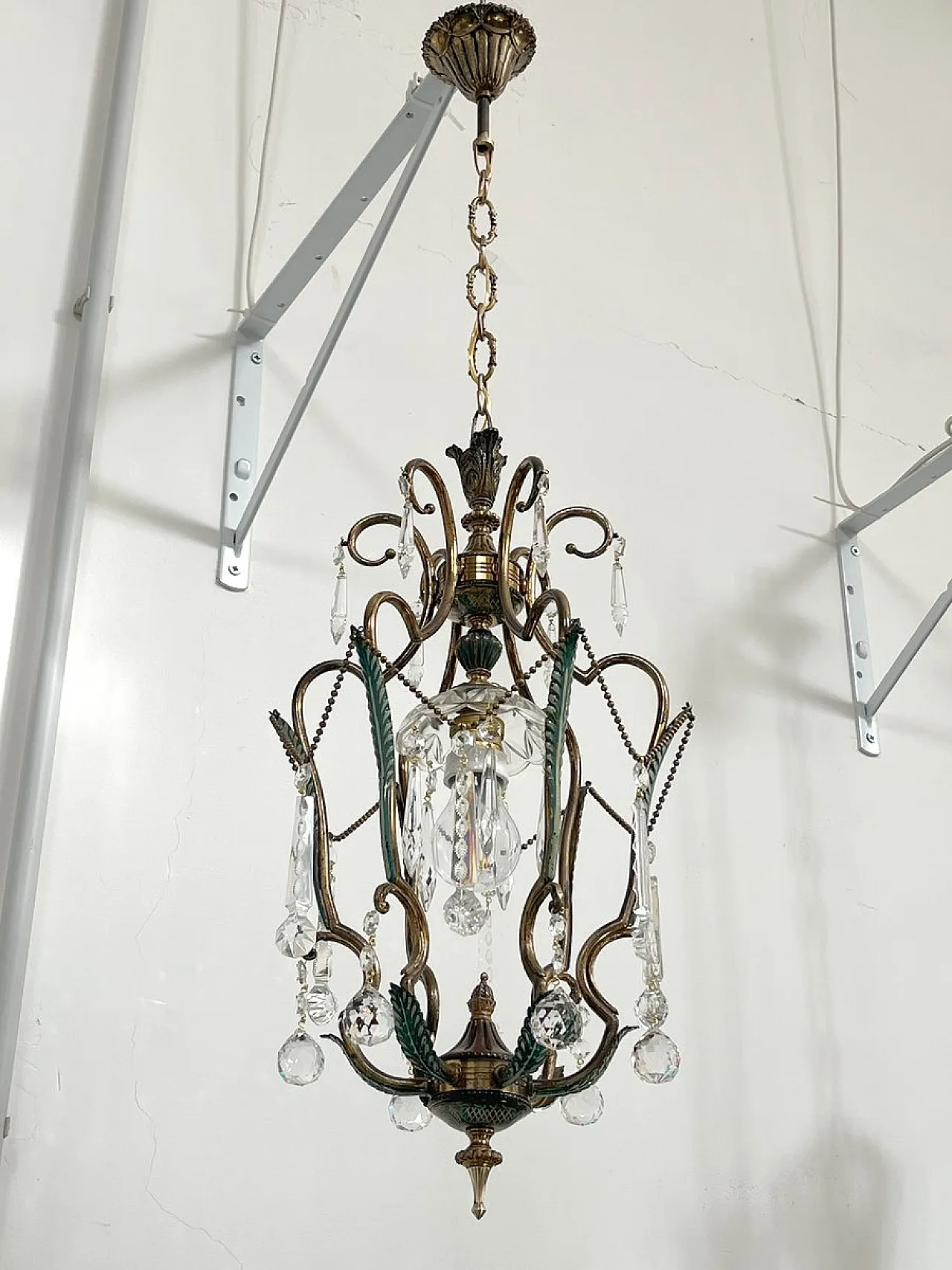 Brass and green pendant lamp with cut crystal drops, Italy, 1950s 3
