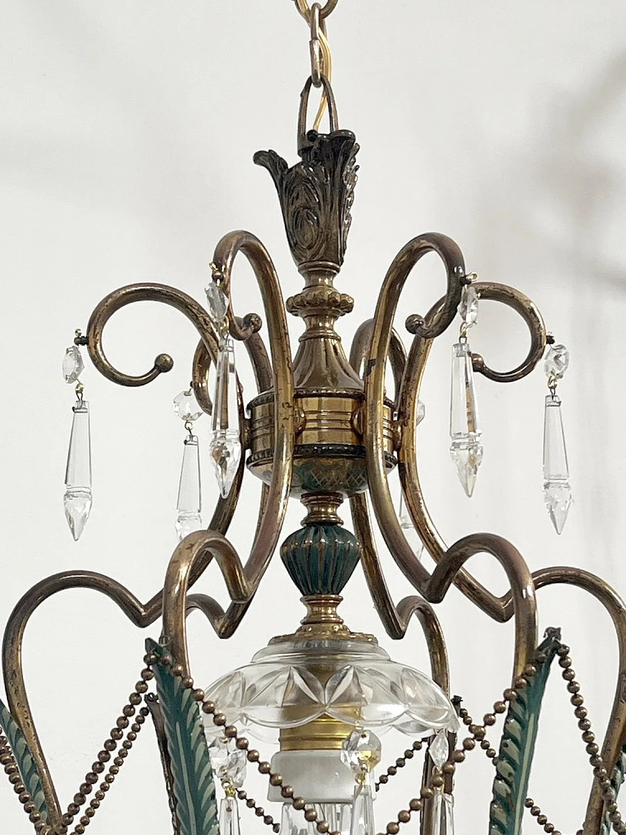 Brass and green pendant lamp with cut crystal drops, Italy, 1950s 4