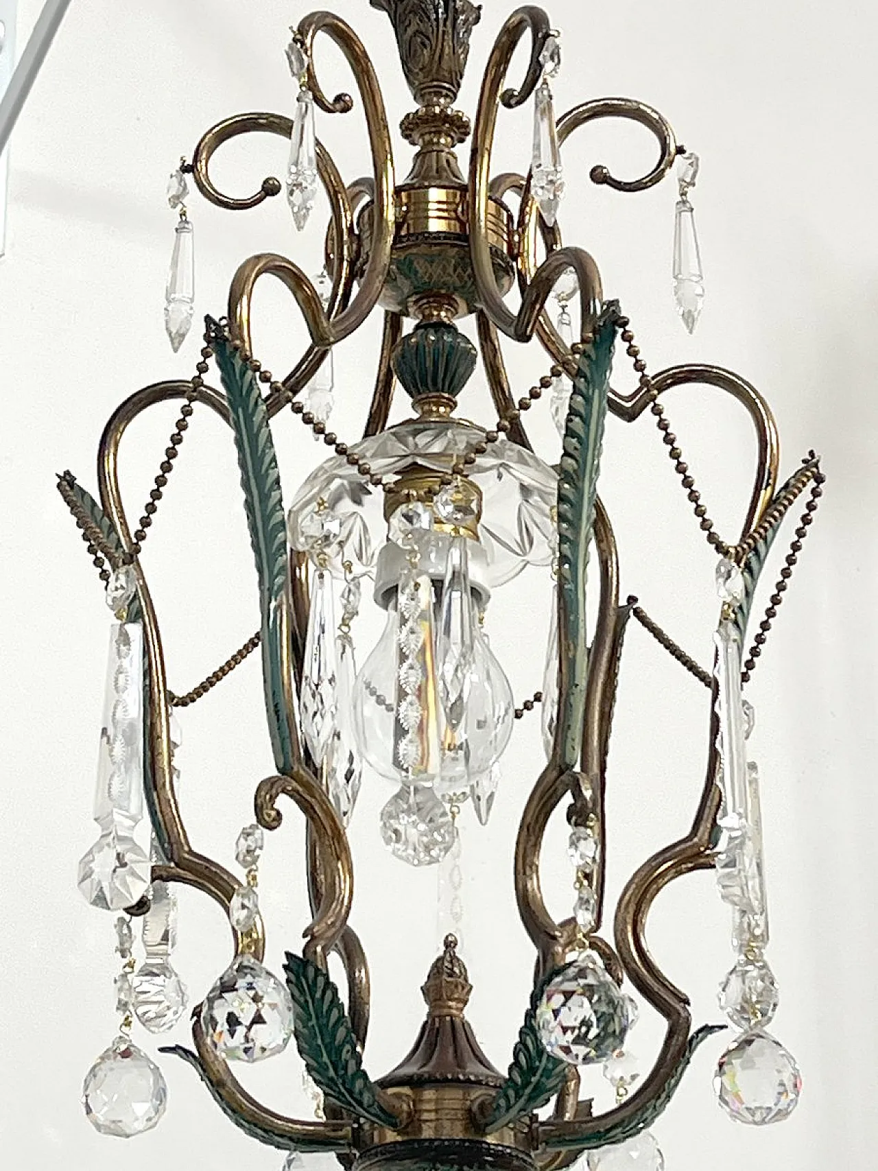 Brass and green pendant lamp with cut crystal drops, Italy, 1950s 5