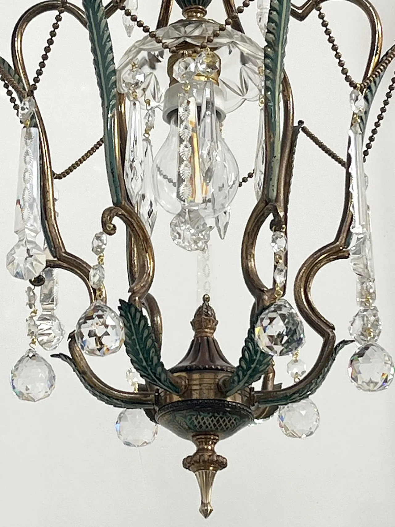 Brass and green pendant lamp with cut crystal drops, Italy, 1950s 6