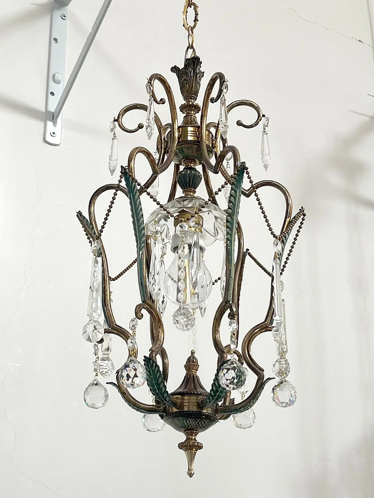 Brass and green pendant lamp with cut crystal drops, Italy, 1950s 7