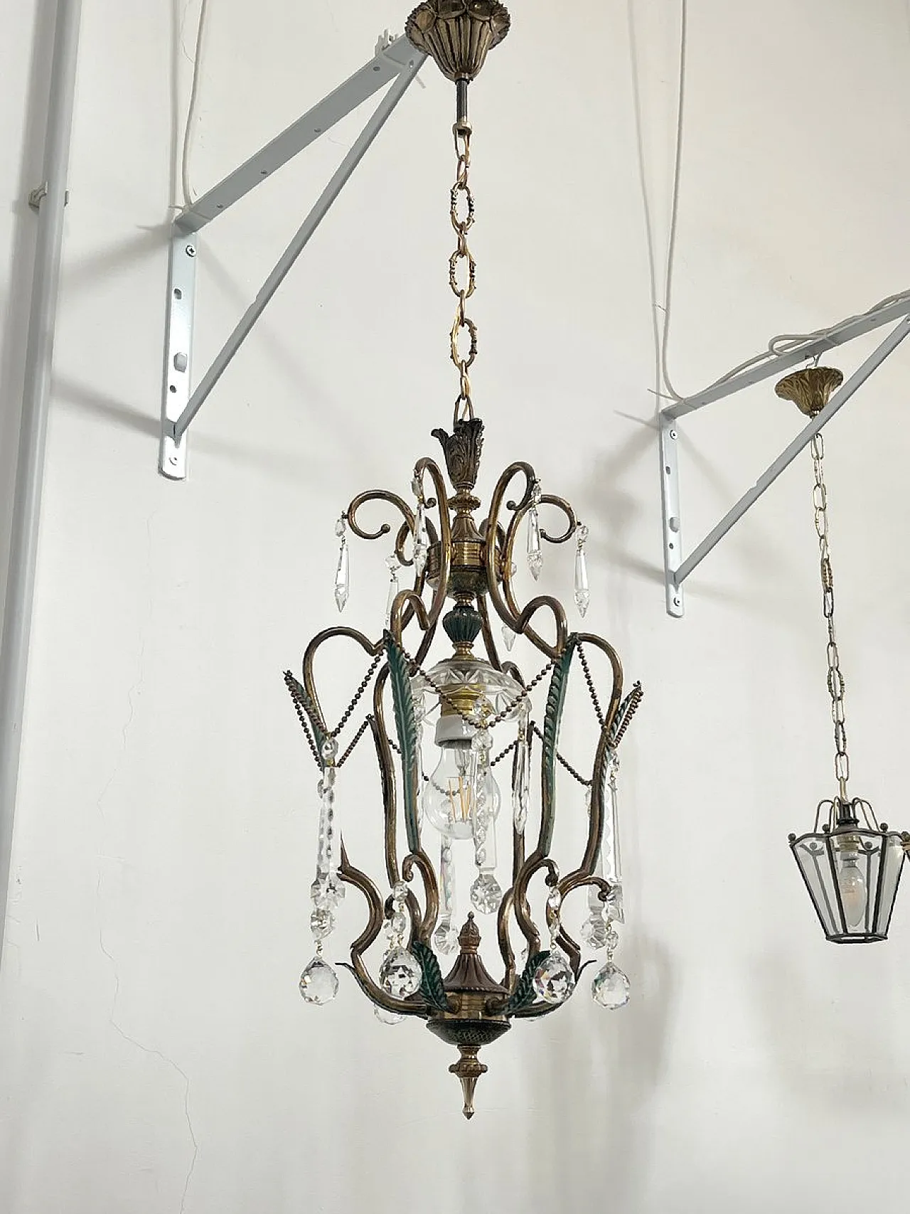 Brass and green pendant lamp with cut crystal drops, Italy, 1950s 8