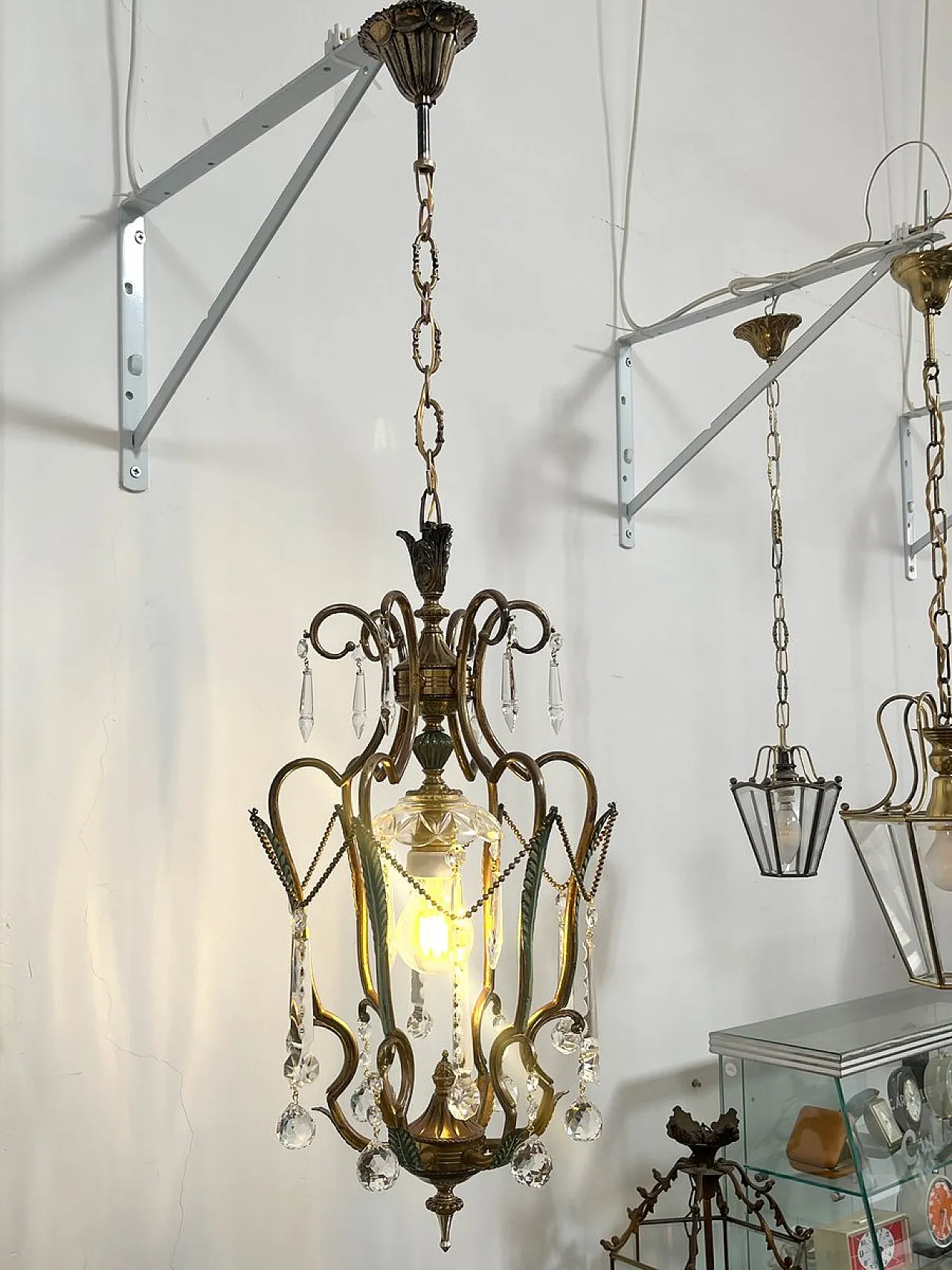 Brass and green pendant lamp with cut crystal drops, Italy, 1950s 9