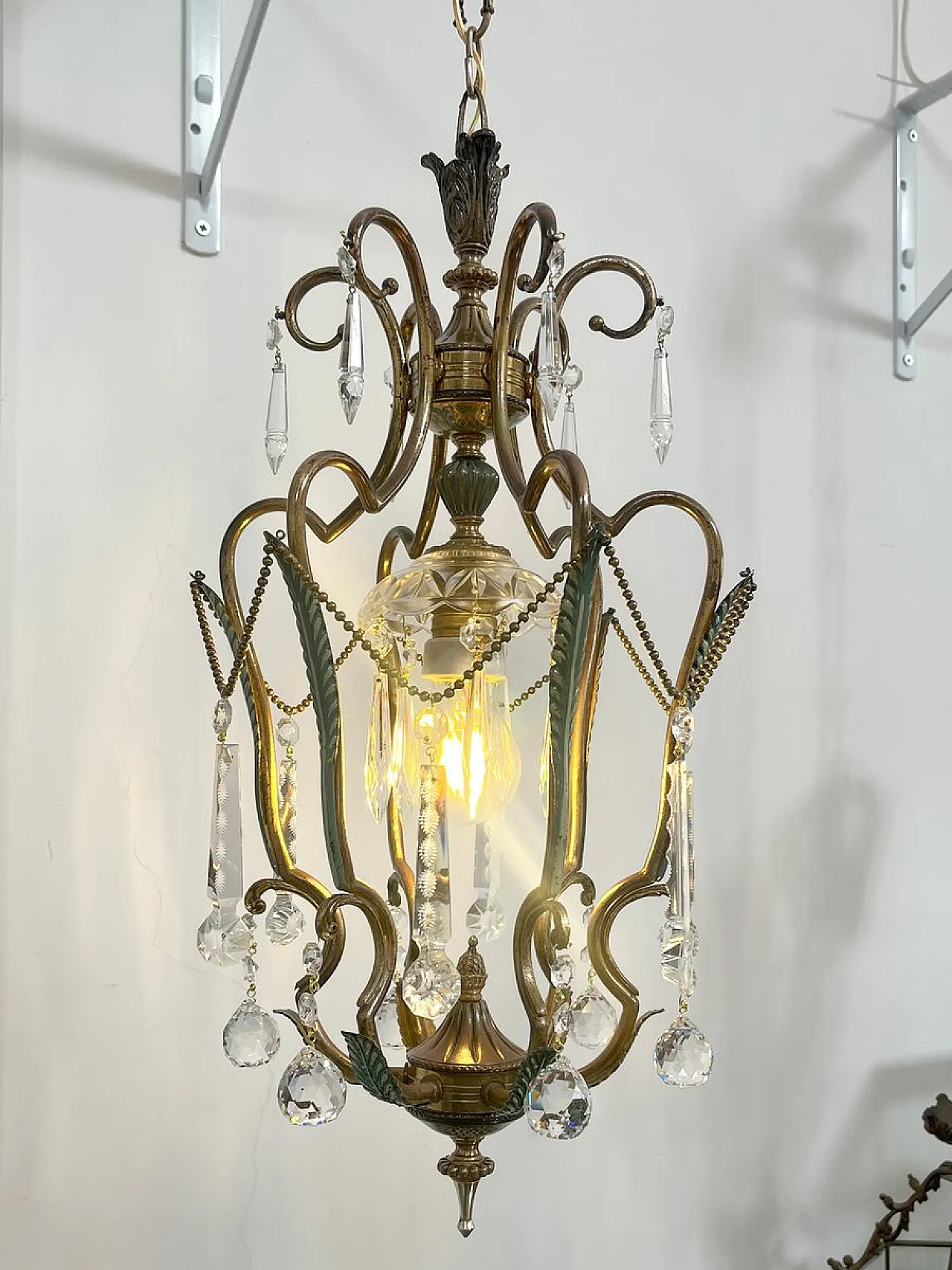 Brass and green pendant lamp with cut crystal drops, Italy, 1950s 10