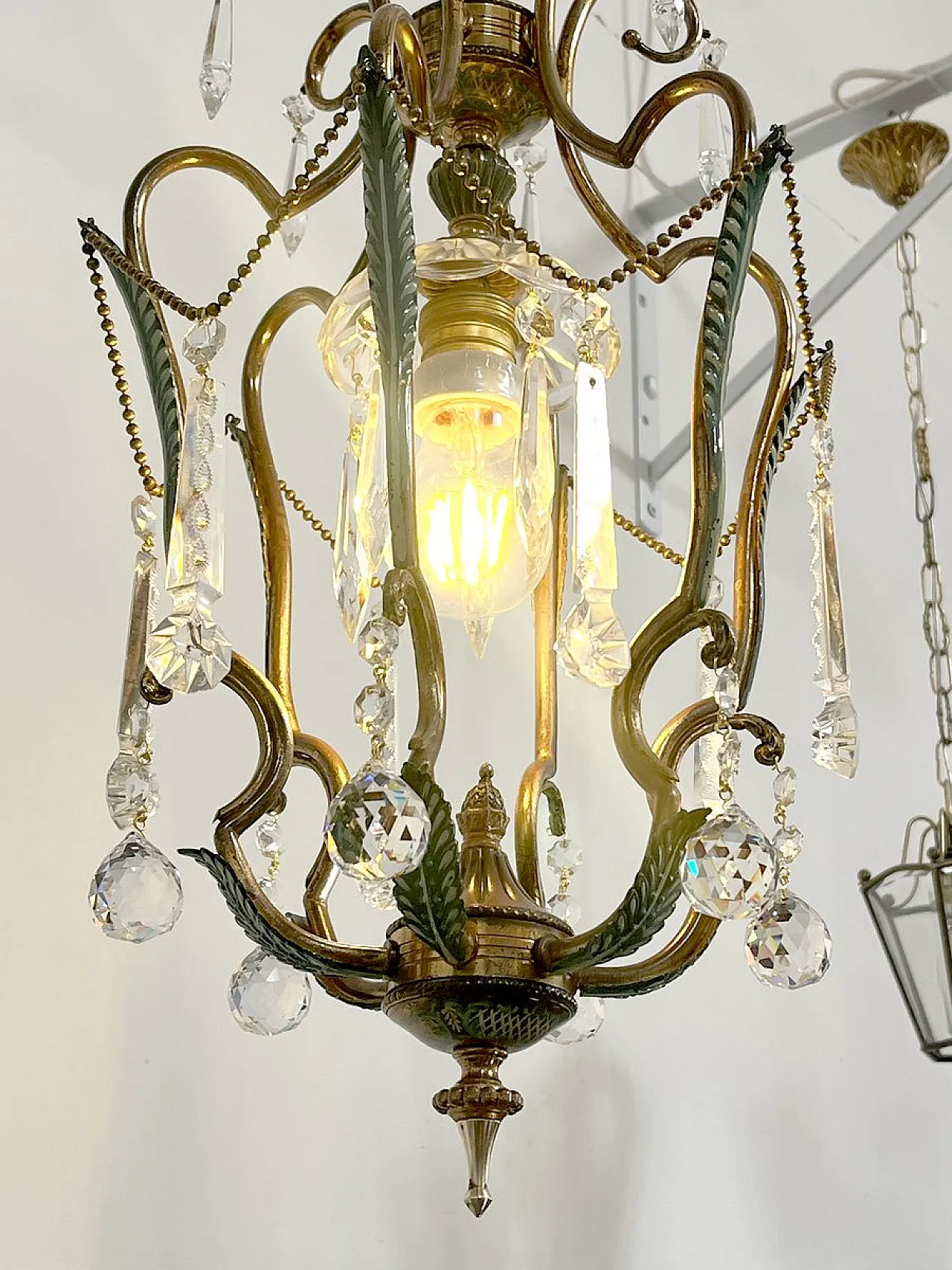 Brass and green pendant lamp with cut crystal drops, Italy, 1950s 11