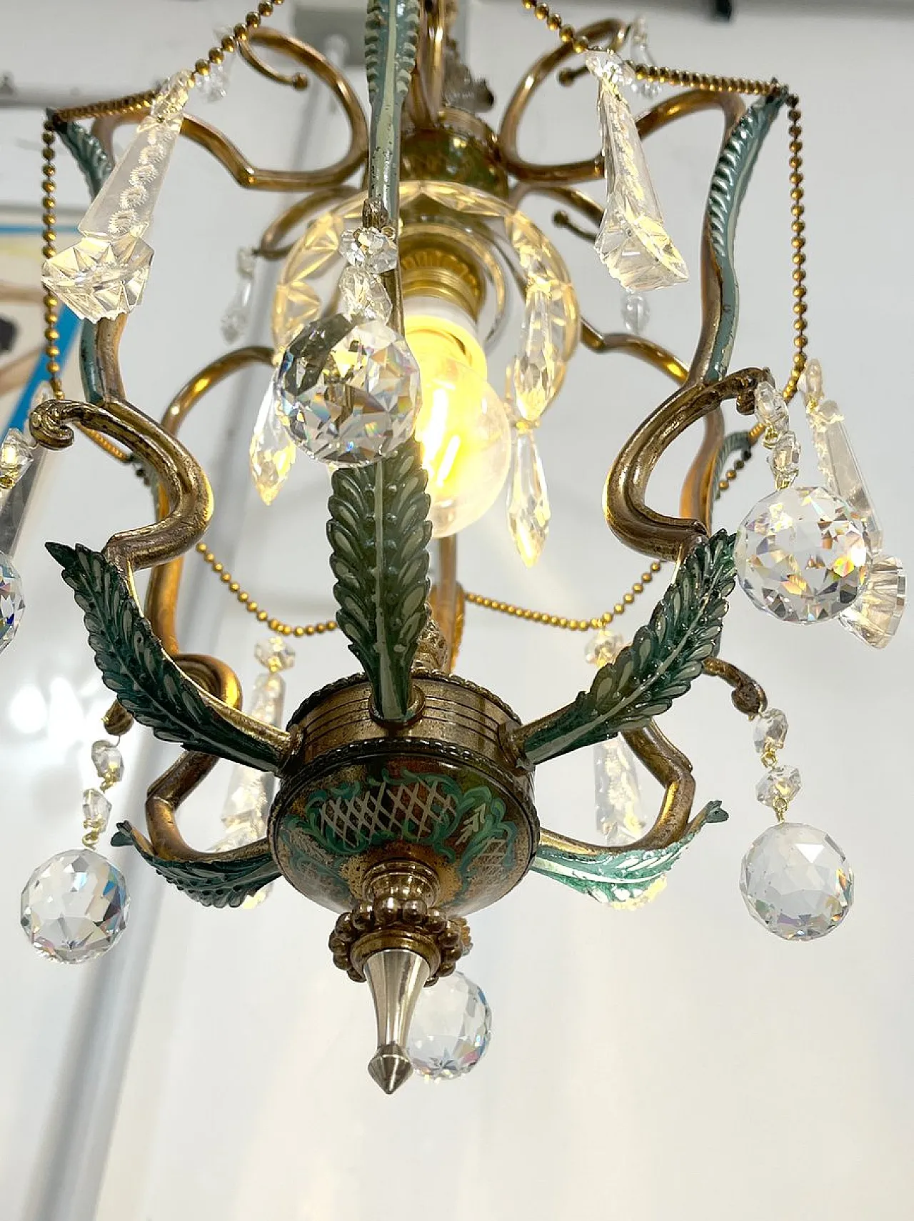 Brass and green pendant lamp with cut crystal drops, Italy, 1950s 12