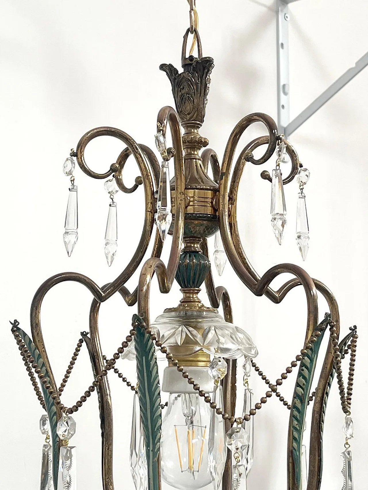 Brass and green pendant lamp with cut crystal drops, Italy, 1950s 14