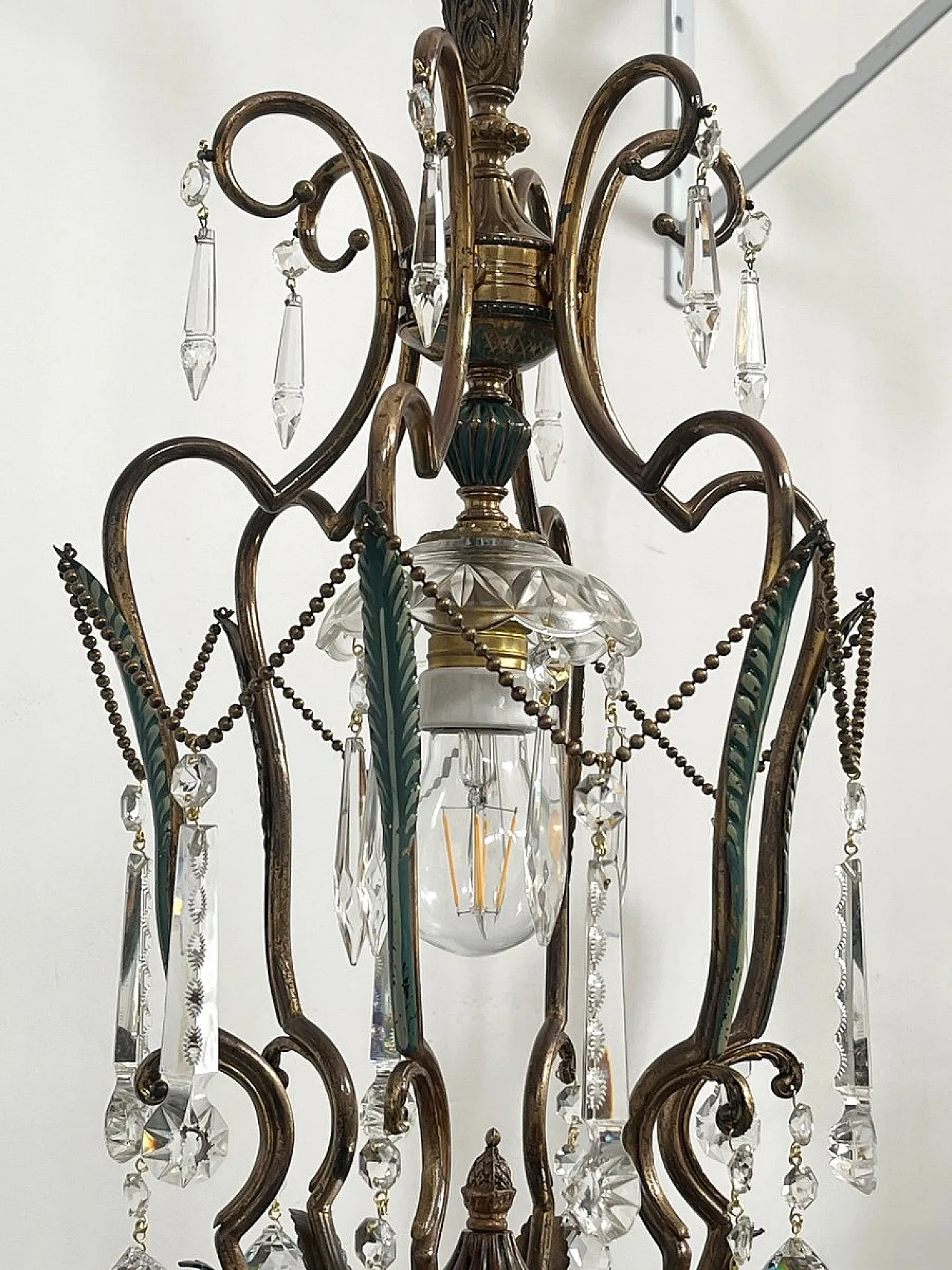Brass and green pendant lamp with cut crystal drops, Italy, 1950s 15