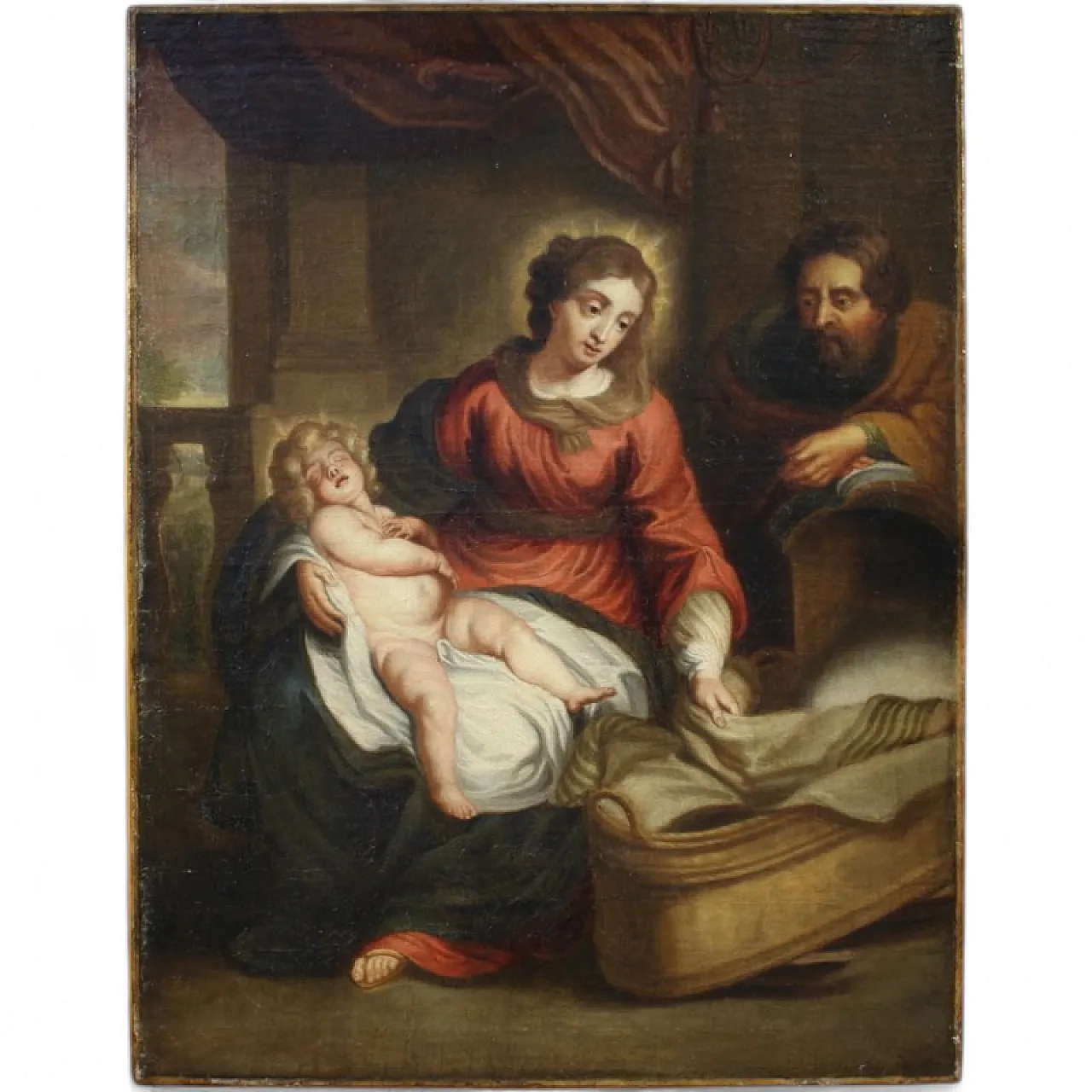 Flemish painting with Holy Family, oil o canvas, 18th century 13