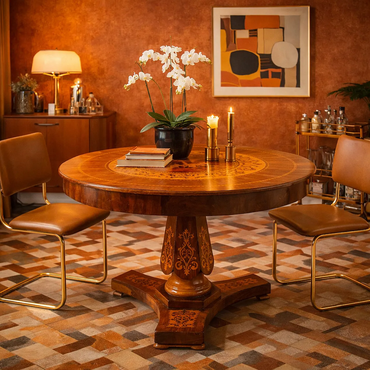 Carlo X walnut and maple table, late 19th century 2