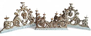 Trittico di candelieri in legno laccato e argentato, '700