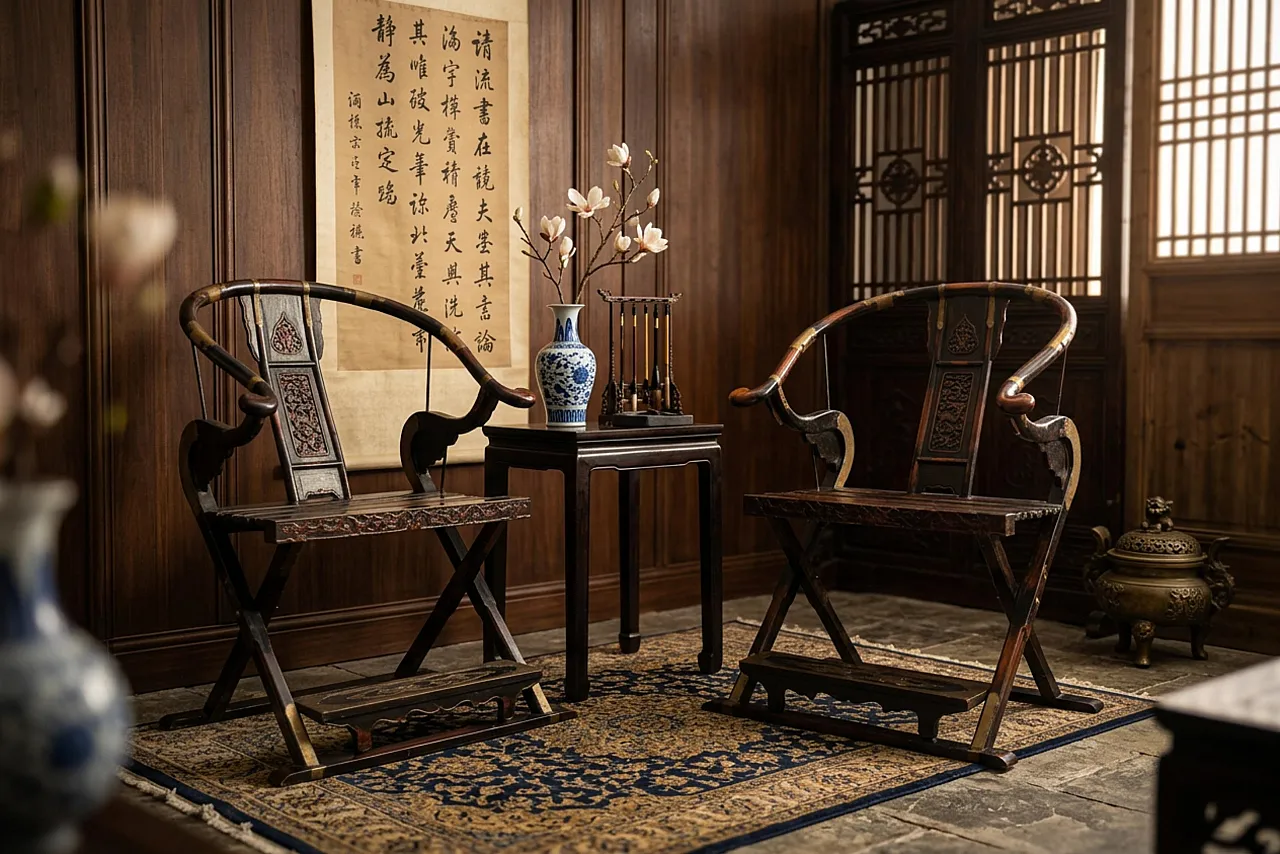 Pair of Ming Dynasty-style folding thrones, 1940s 2