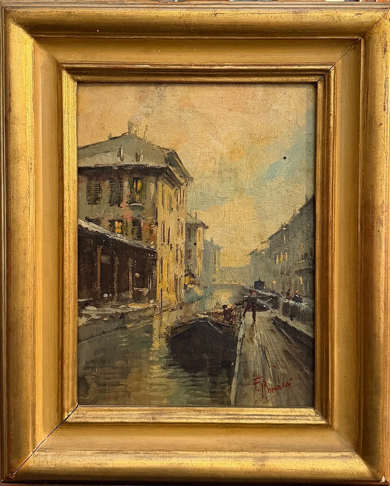 Dipinto olio su tavola, paesaggio, naviglio milanese, '900 7