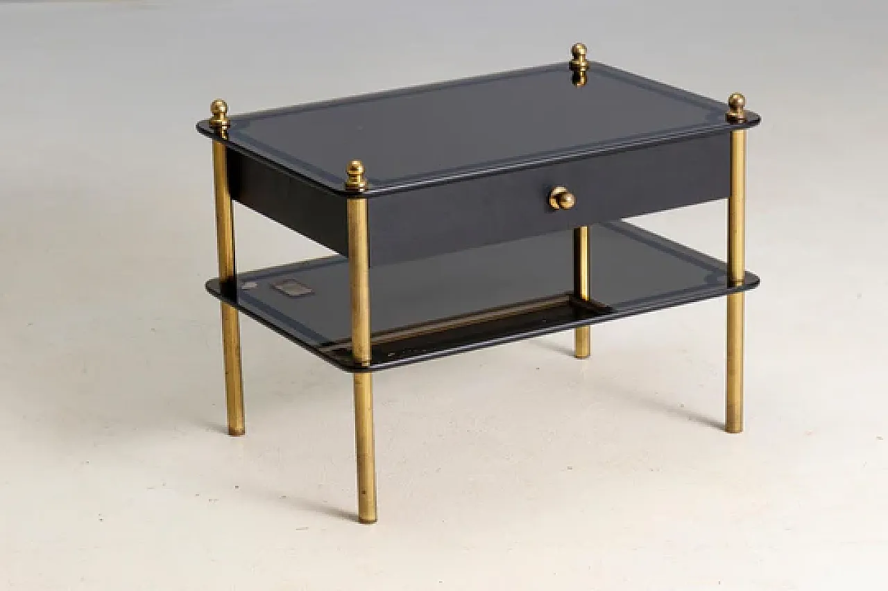 Tavolino laterale in vetro e ottone con cassetto, anni '70 5