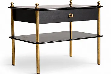 Tavolino laterale in vetro e ottone con cassetto, anni '70