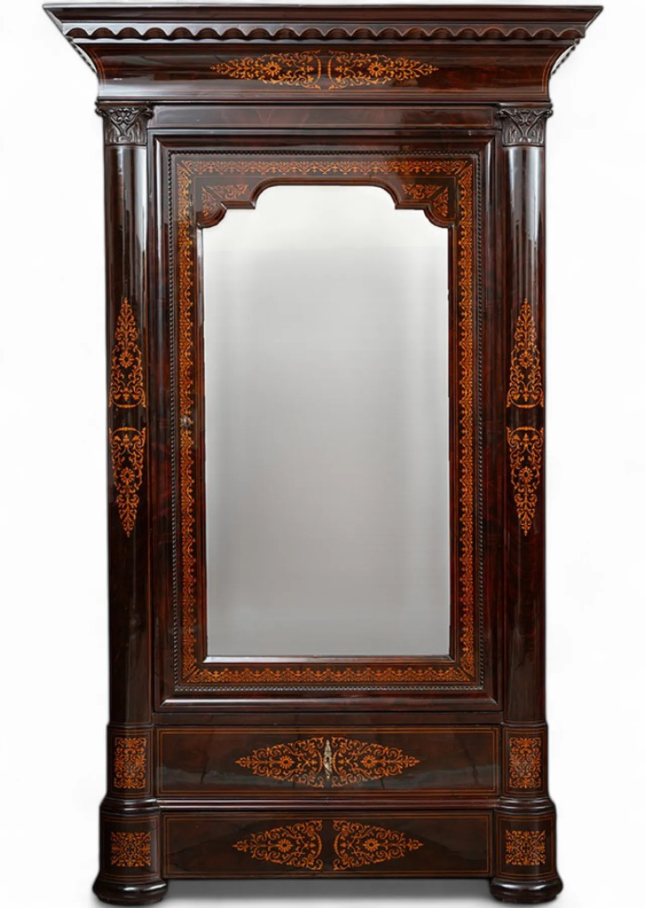 Smith Neapolitan wardrobe in mahogany feather with inlay inserts 8