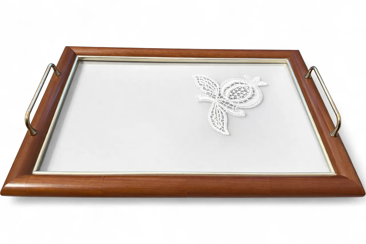 Wood and glass tray with brass handles, 70s 5