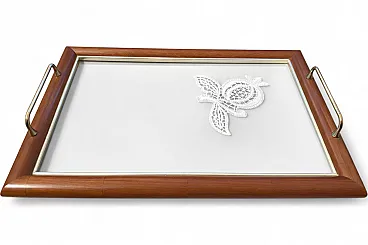Wood and glass tray with brass handles, 70s