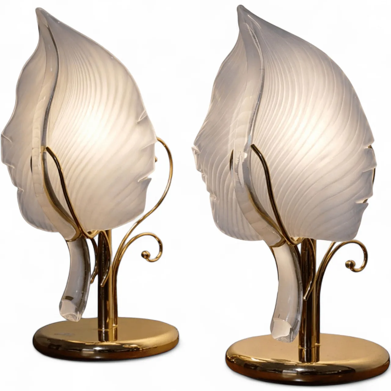 Coppia di lampade a foglia Franco Luce in vetro di Murano e ottone 10