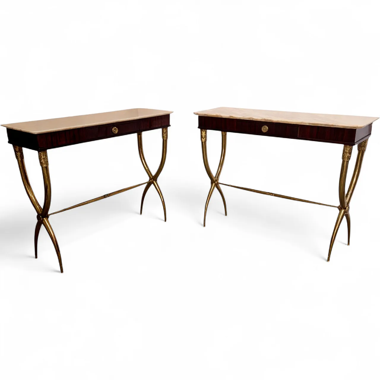 Coppia di console di Paolo Buffa in legno ottone marmo, anni '50 7