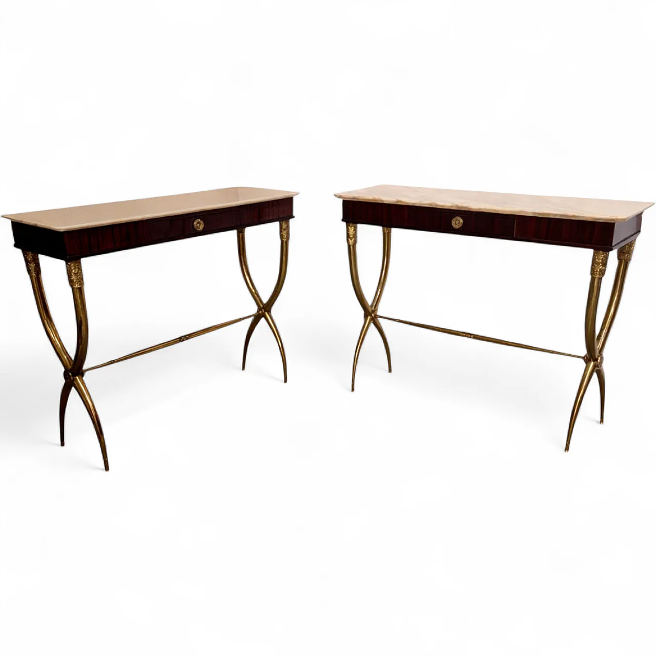 Coppia di console di Paolo Buffa in legno ottone marmo, anni '50 8