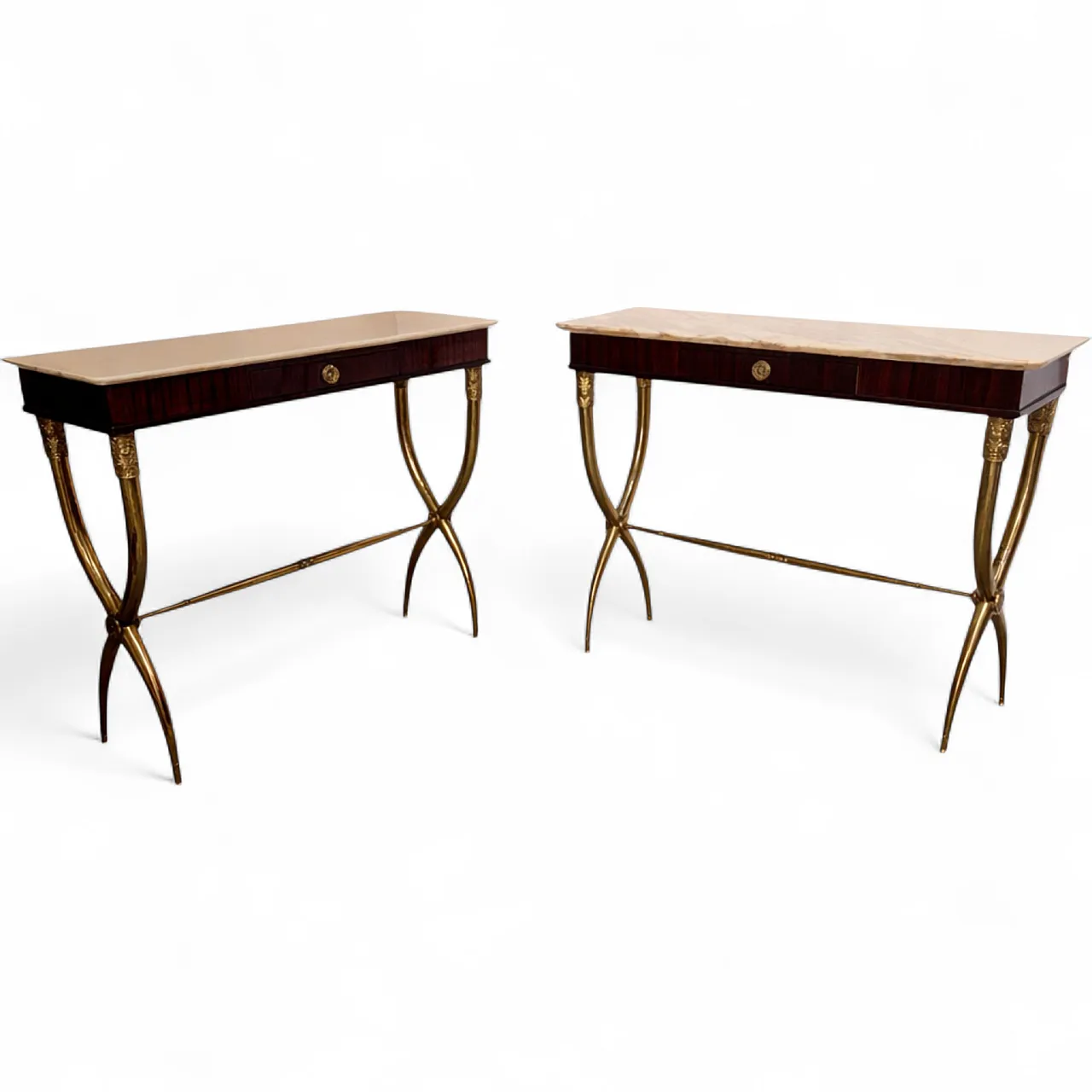 Coppia di console di Paolo Buffa in legno ottone marmo, anni '50 9