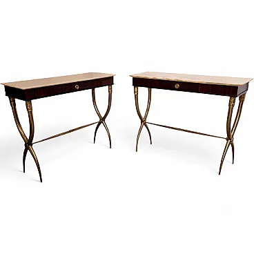 Coppia di console di Paolo Buffa in legno ottone marmo, anni '50