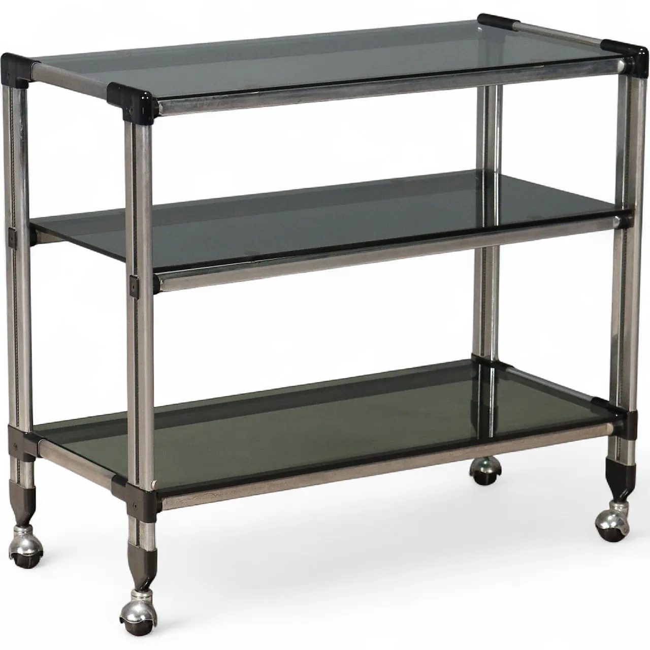 Carrello in metallo cromato e vetro fumé, late 20th century 10