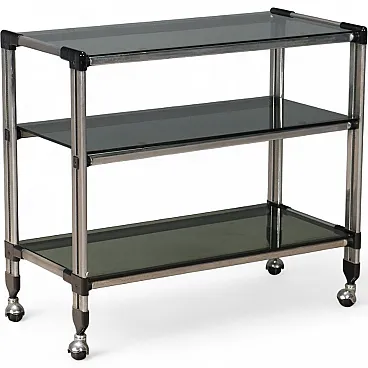 Carrello in metallo cromato e vetro fumé, late 20th century