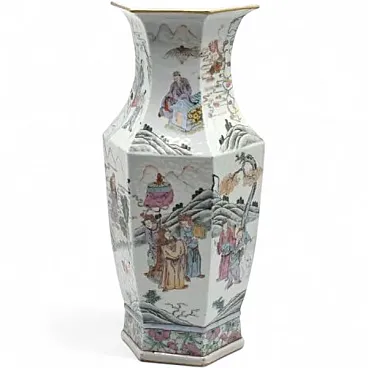 Vaso esagonale in porcellana decorata, primo '900