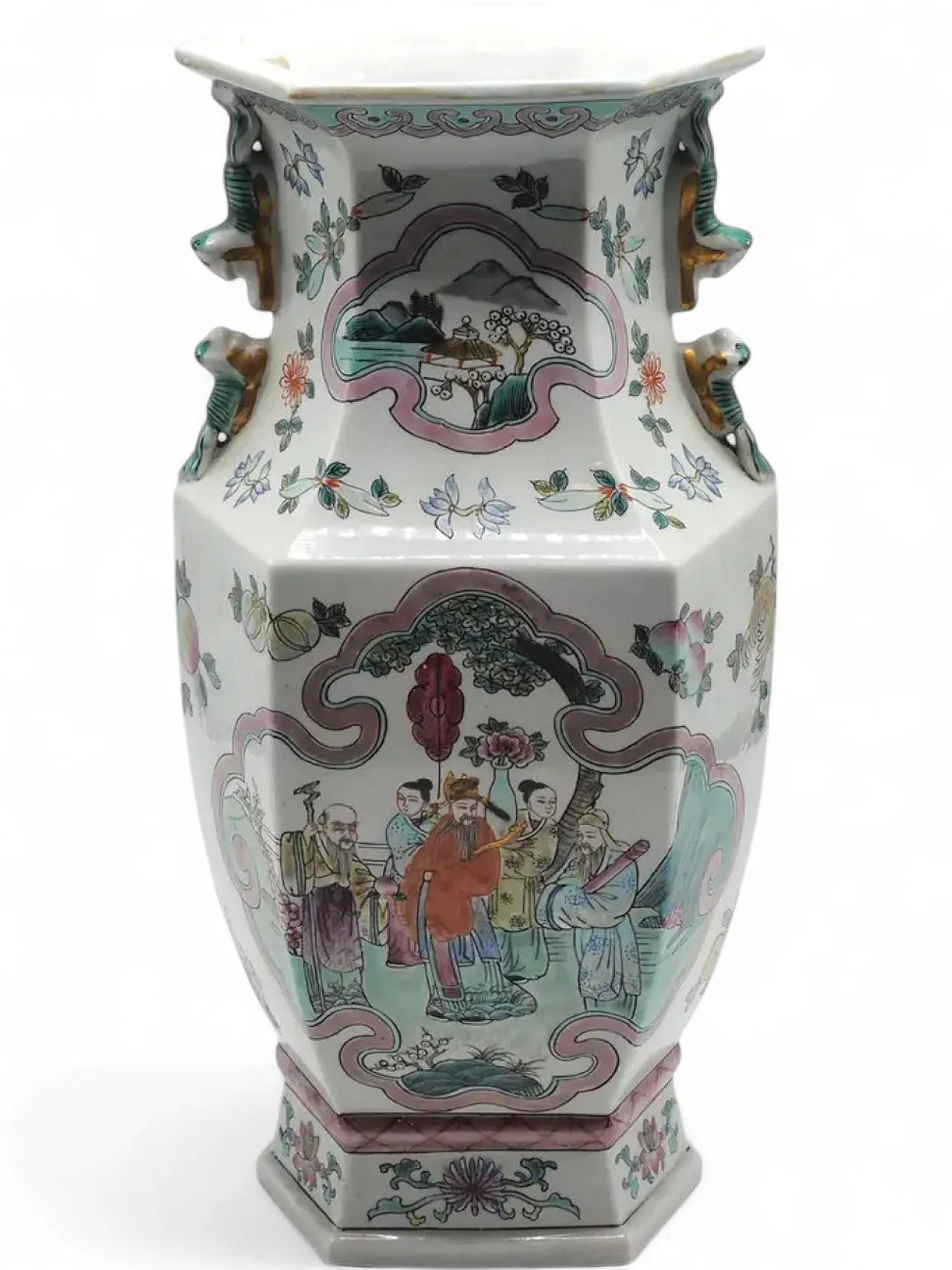 Vaso esagonale in porcellana con anse, primo '900 5