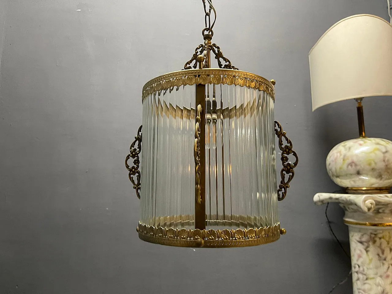 Vintage brass and glass pendant lamp, 1950s 2