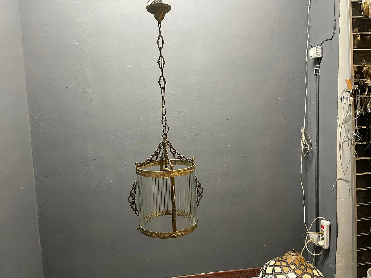 Vintage brass and glass pendant lamp, 1950s 3