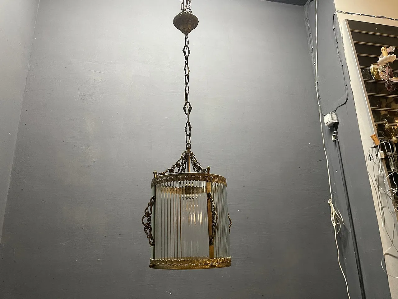 Vintage brass and glass pendant lamp, 1950s 9