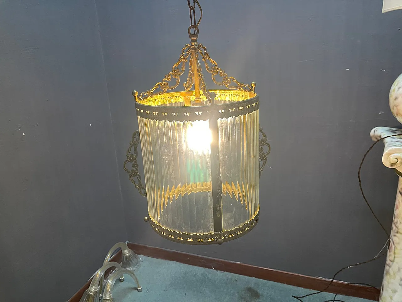 Vintage brass and glass pendant lamp, 1950s 10