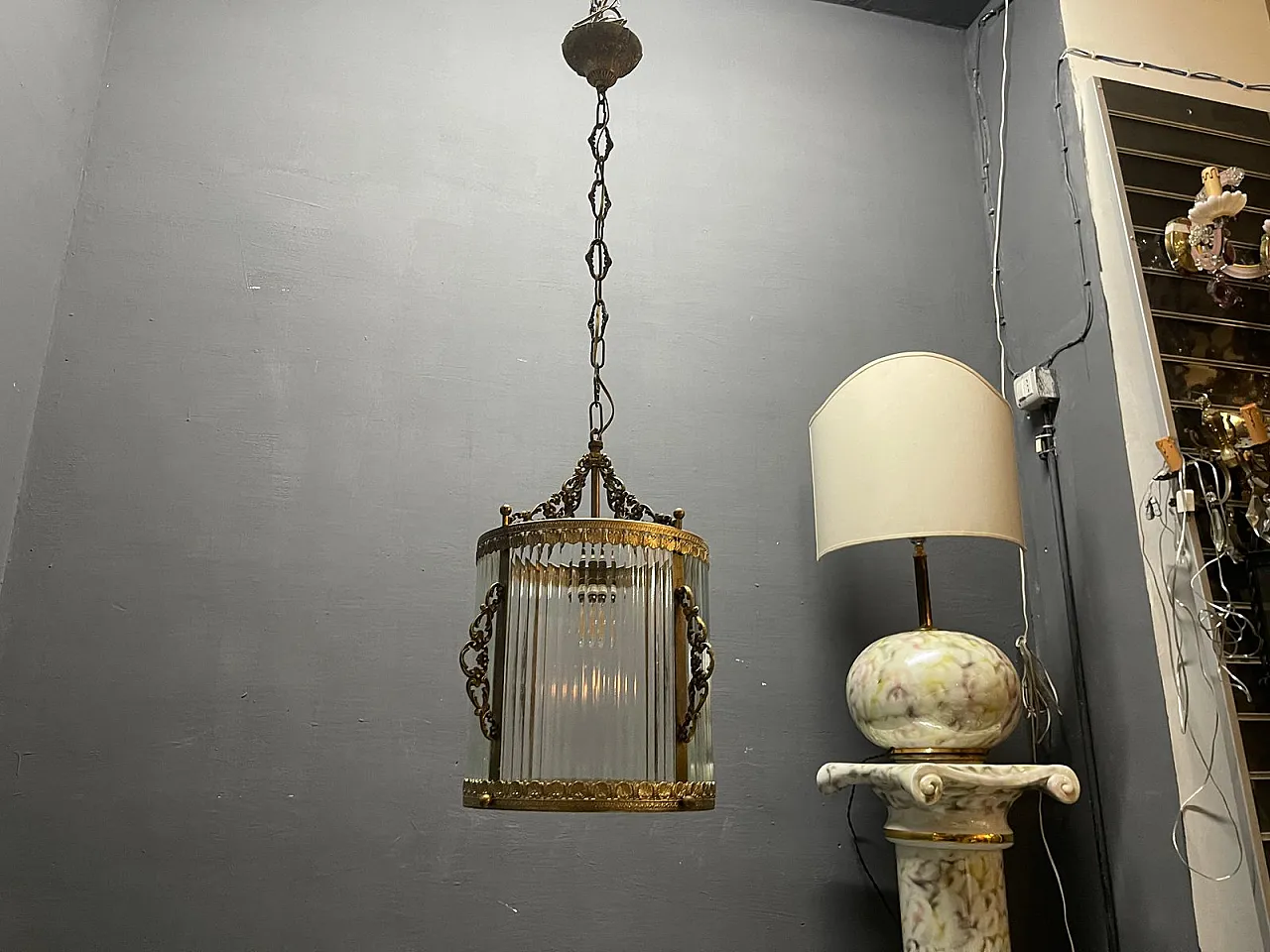 Vintage brass and glass pendant lamp, 1950s 12