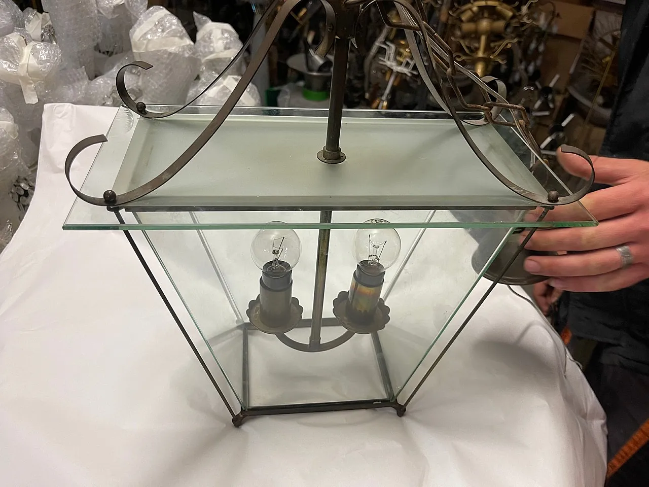 Mid-Century Modern Italian Faceted Glass and Brass Lantern in the Style of G. Ulrich, 1940s 10