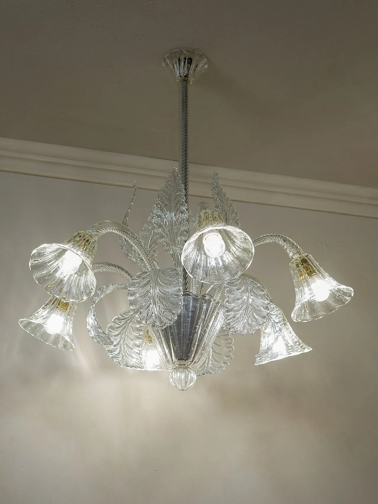 Six-Light Murano blown glass chandelier by Barovier & Toso, 1930s 1