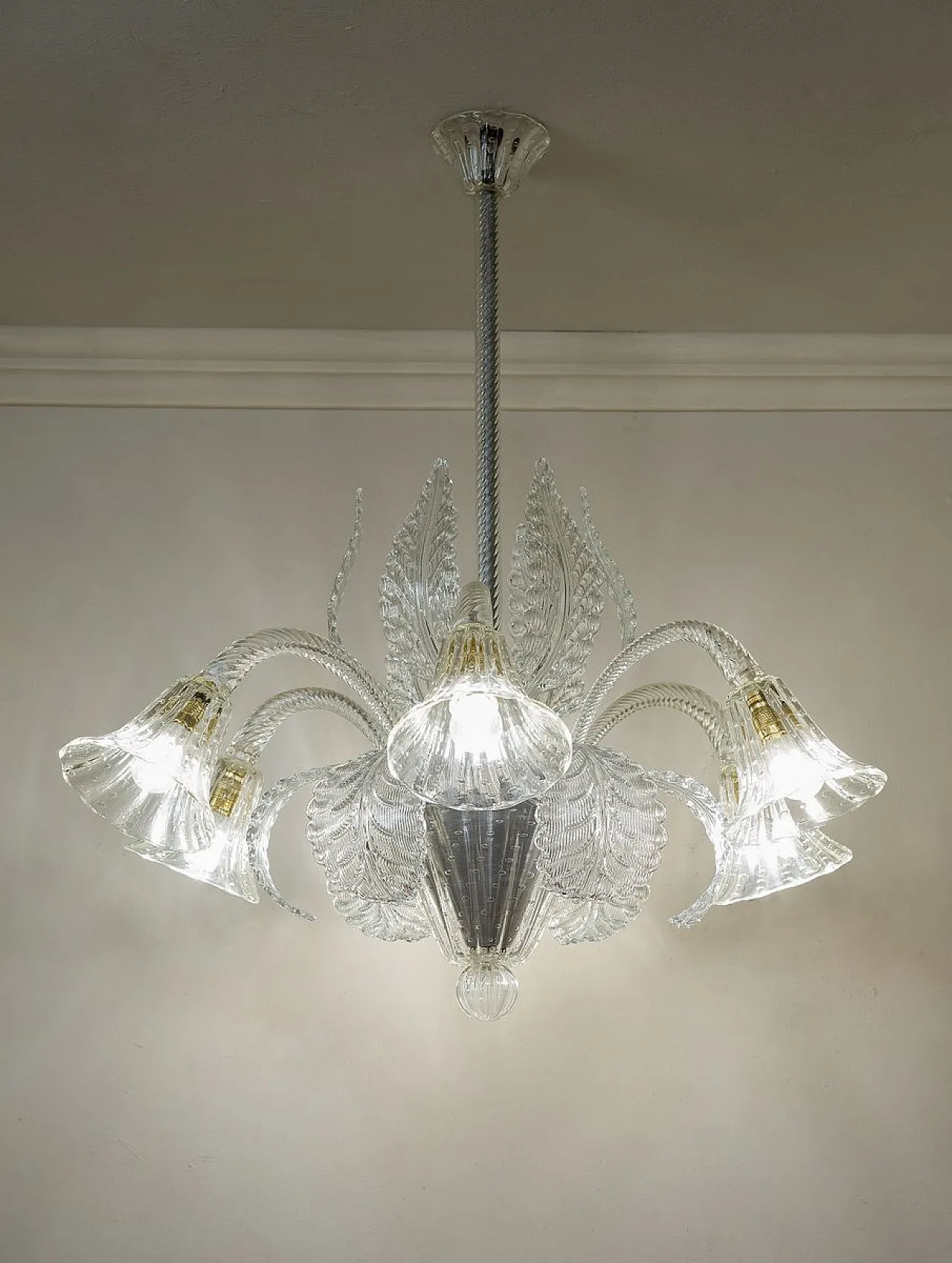 Six-Light Murano blown glass chandelier by Barovier & Toso, 1930s 3