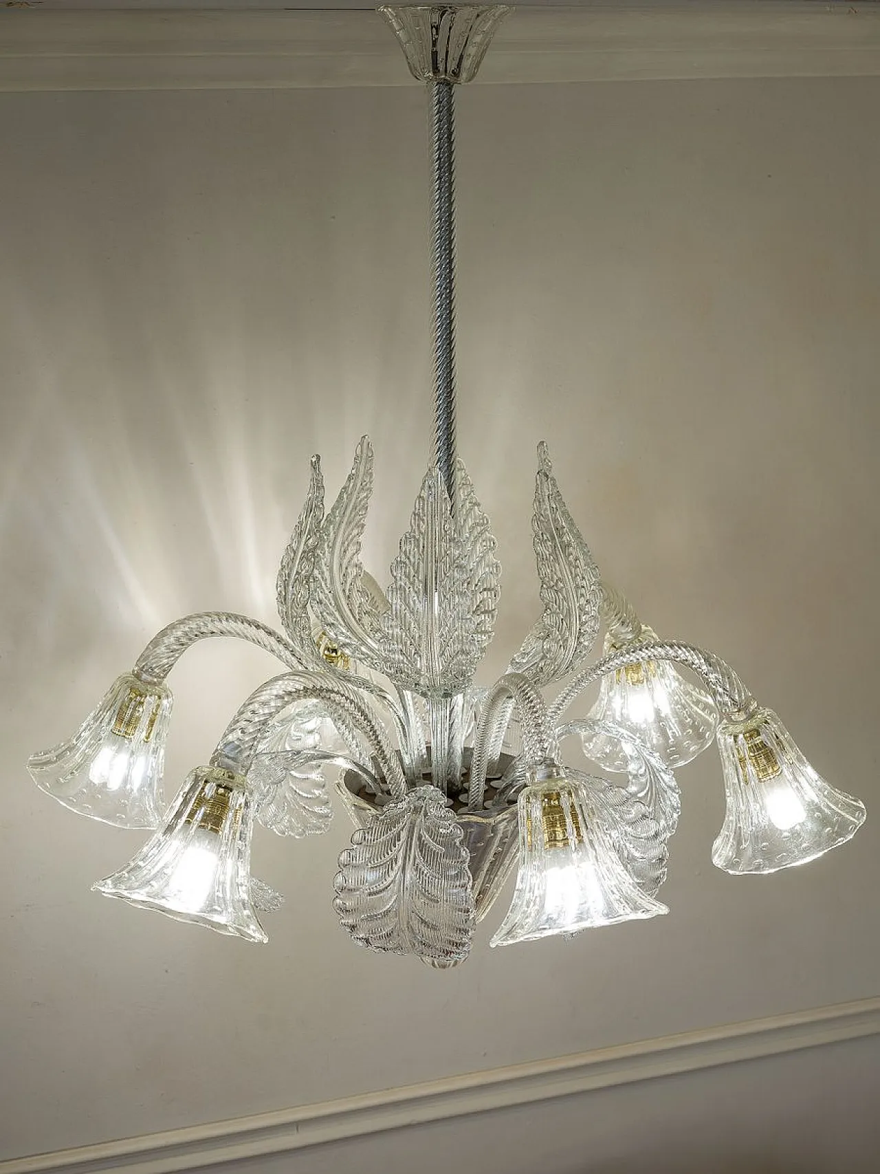 Six-Light Murano blown glass chandelier by Barovier & Toso, 1930s 10