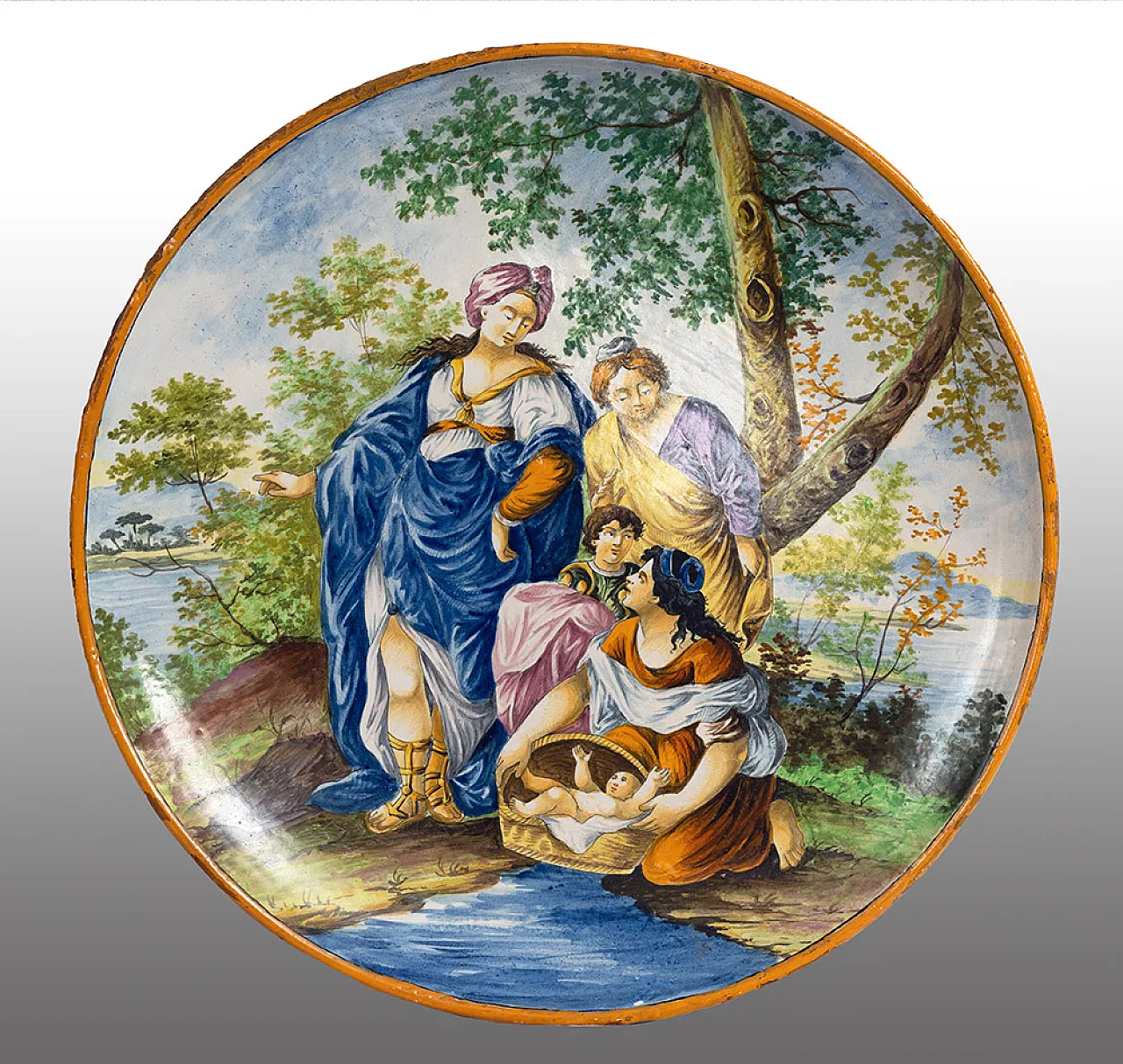Polychrome majolica parade plate depicting Moses saved, 19th century 1